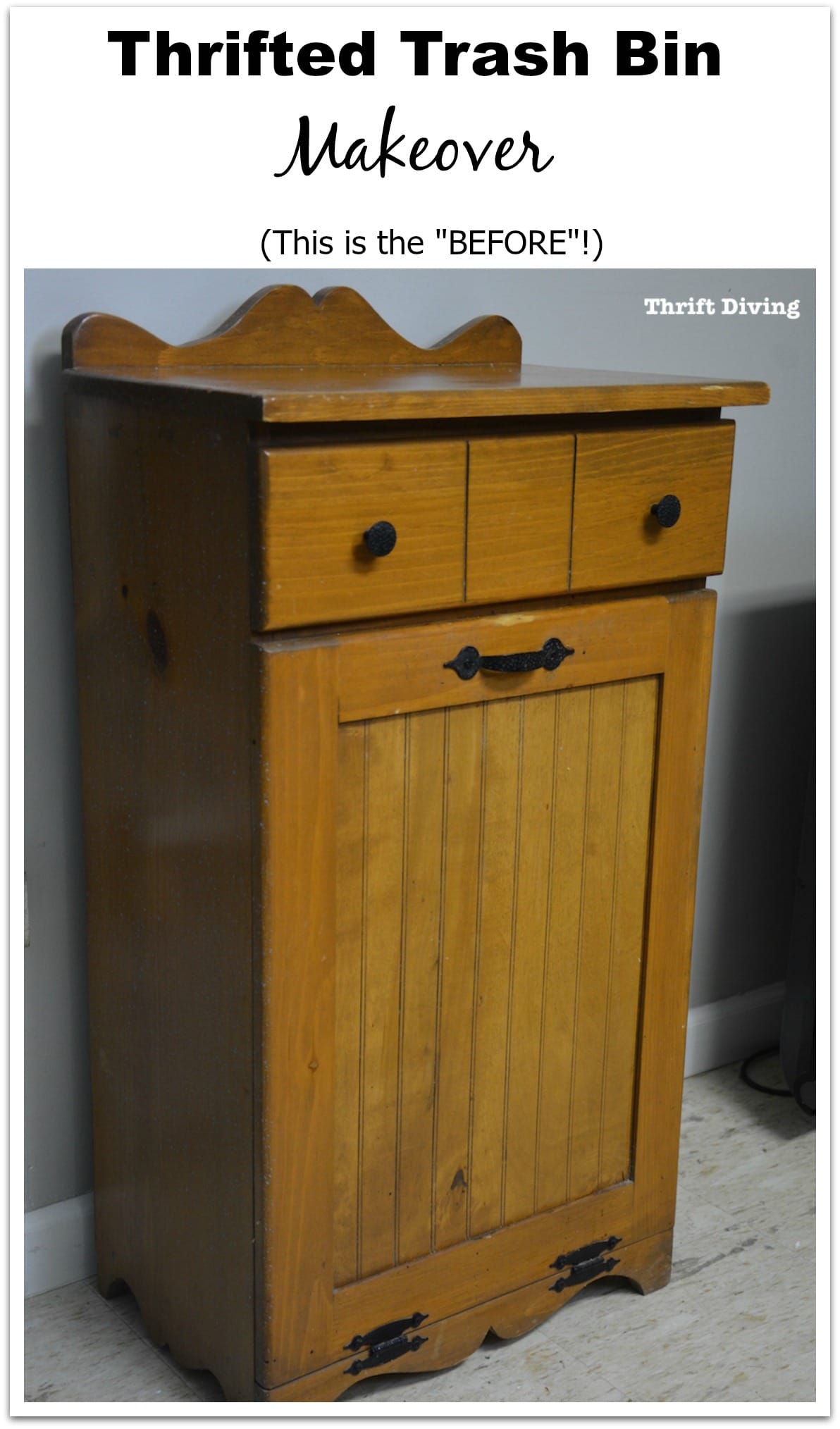 Wooden Trash Can Makeover - Paint a wooden trash can for an updated trash can for your home. - BEFORE - Thrift Diving