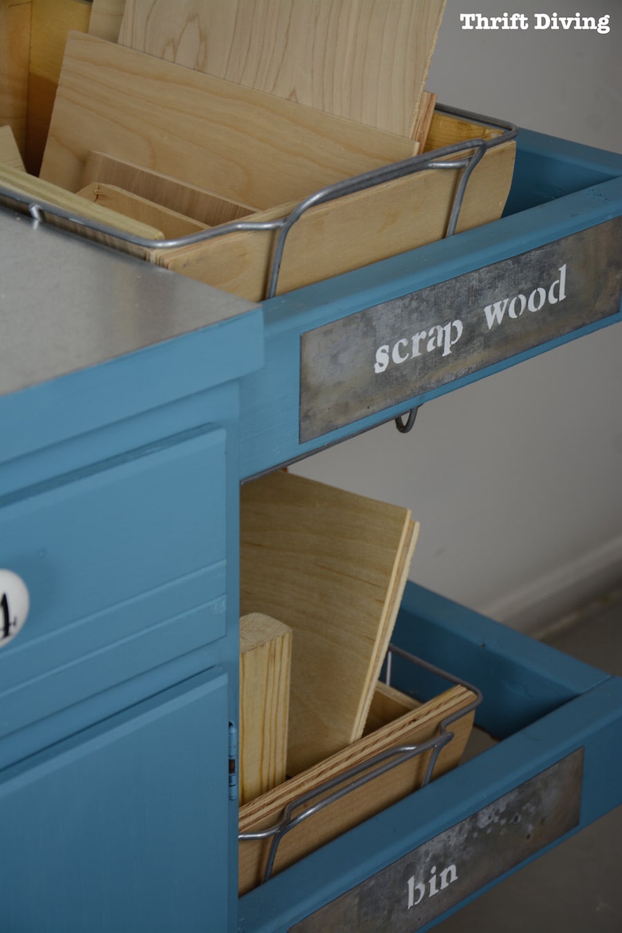 Scrap Wood Storage: Galvanized steel sign for a DIY scrap wood storage - ThriftDiving.com