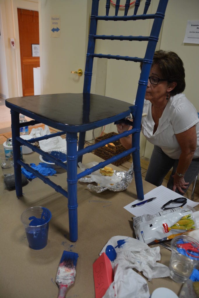 Furniture Painting Classes-In Class picture of a pretty chair makeover using Aubusson blue chalk paint