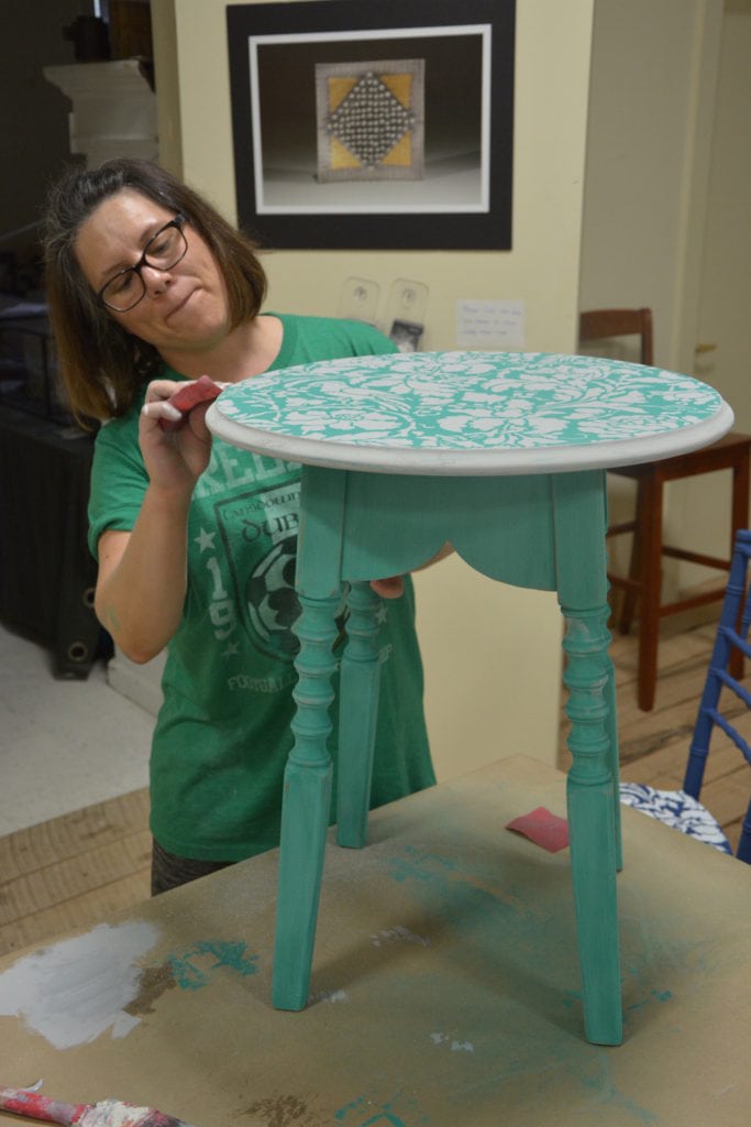 Furniture Painting Classes-Light distressing of table with Florence and Paris Gray