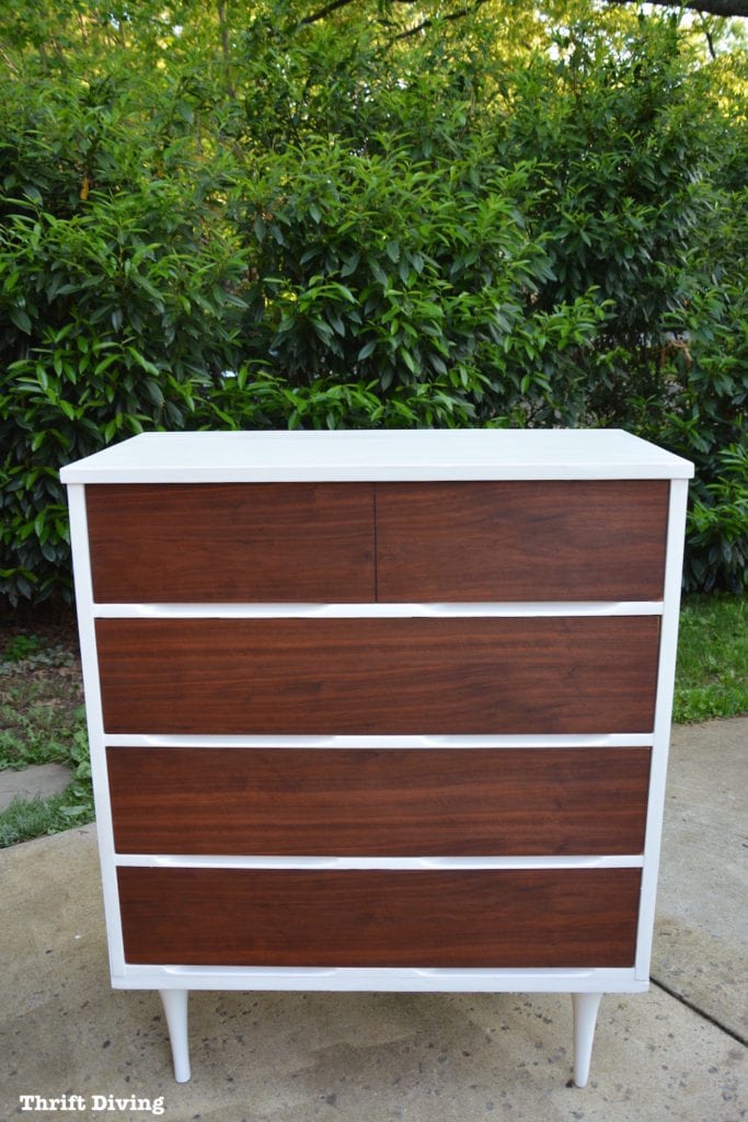 Mid-Century Modern dresser makeover - AFTER - Painted white with natural wood drawers