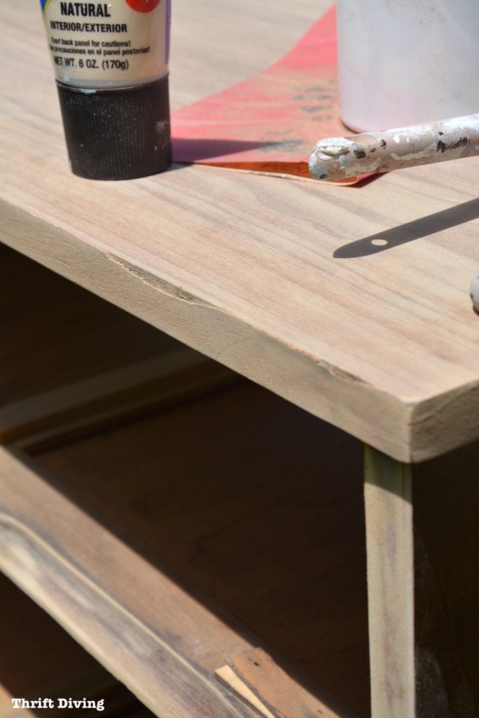 Mid-century modern dresser makeover - Use wood filer for nicks