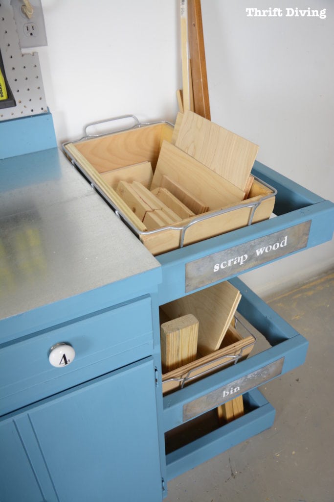 Upcycle an old cabinet into a garage workstation, and easily build DIY scrap wood storage on the side. | ThriftDiving.com