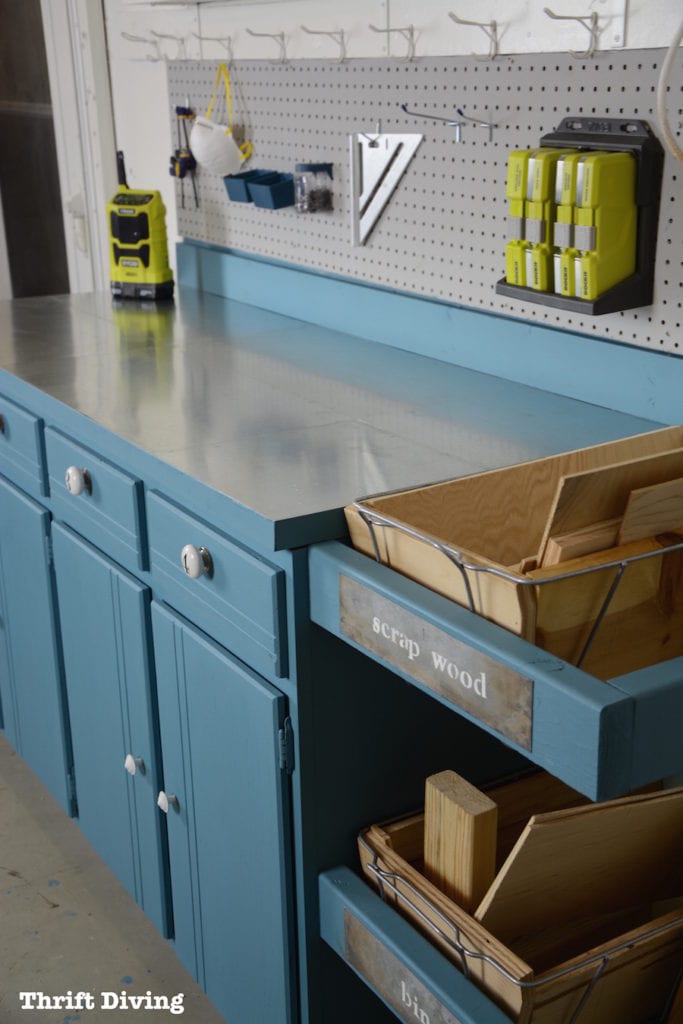 Upcycle an old cabinet into a workstation, and easily build DIY scrap wood storage on the side. | ThriftDiving.com