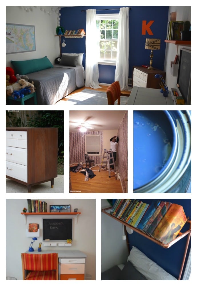 Tween Boys Blue Bedroom Makeover - See how you can create this cozy boys bedroom using Behr Mosaic Blue, IKEA curtains and bedding, and a copper piping bookshelf | Thrift Diving