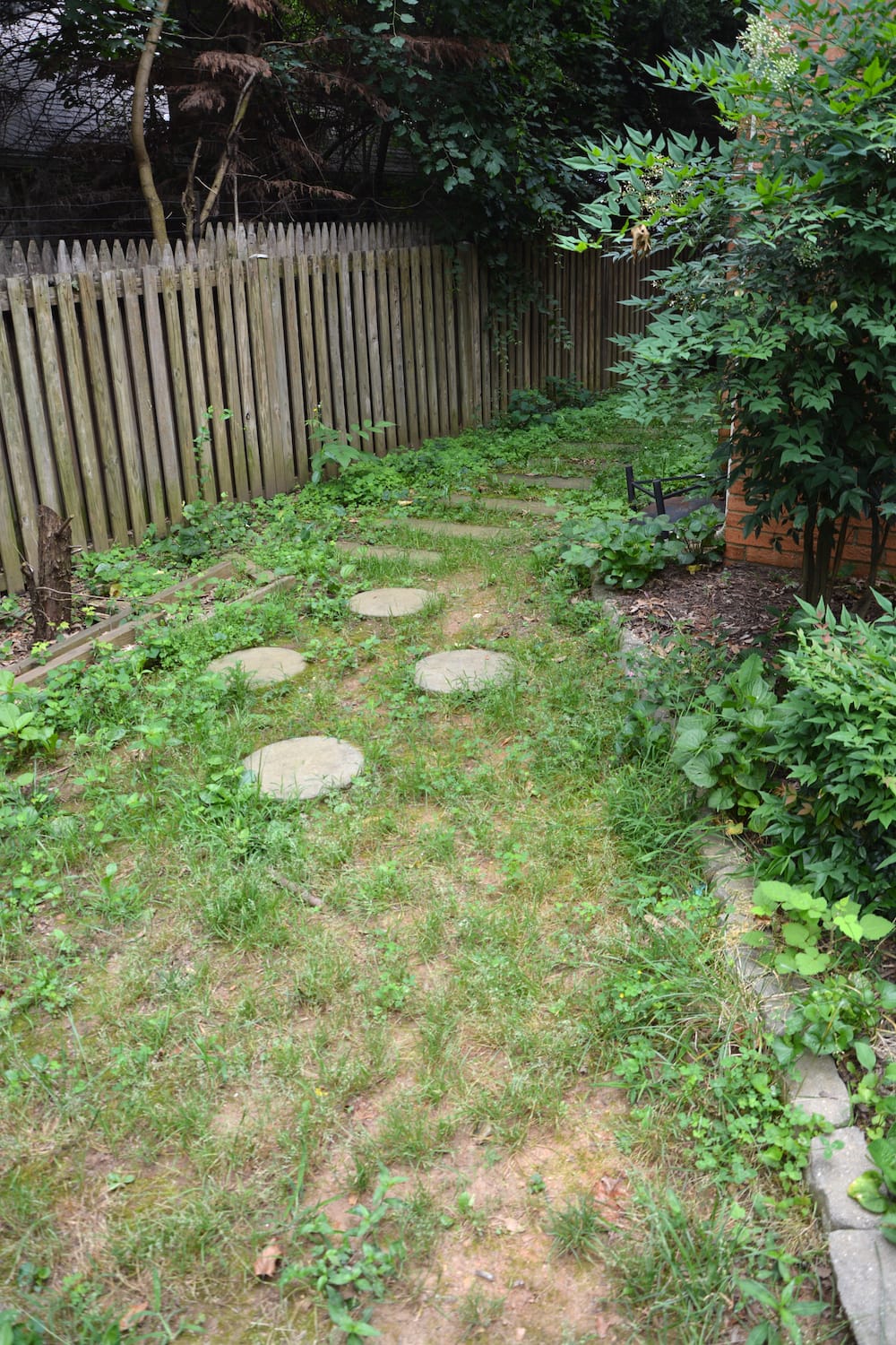 How to create a DIY stone walkway - BEFORE with overgrown weeds - Thrift Diving