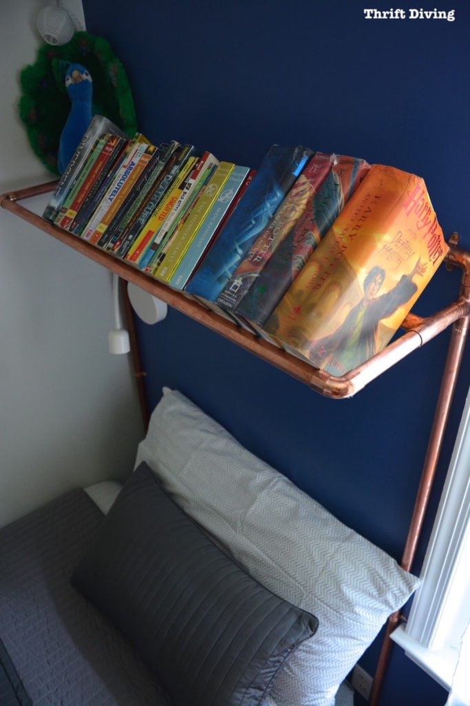 Tween Boys Blue Bedroom Makeover - Make an awesome copper piping headboard for holding books. | Thrift Diving
