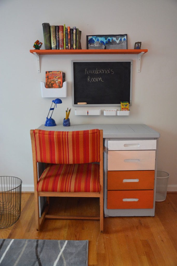 Tween Boys Blue Bedroom Makeover - Paint an old desk with gray and orange chalk paint, hang a shelf over, and add a chalkboard. All items were repurposed, upcycled, and thrifted! | Thrift Diving