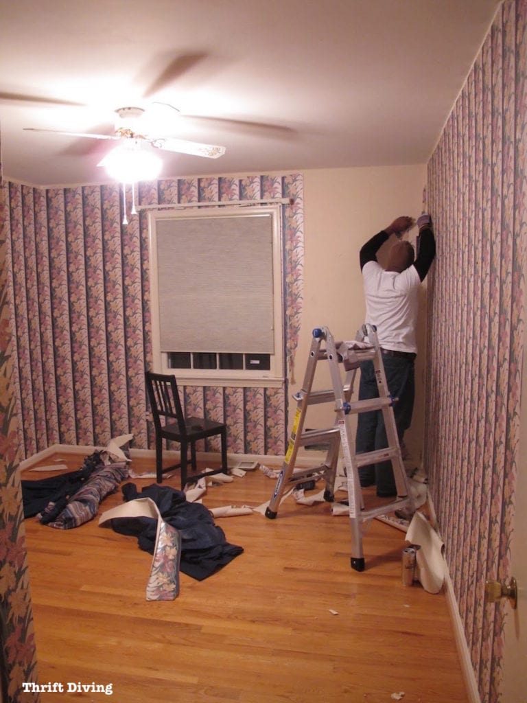 Tween Boys Blue Bedroom Makeover - Floral wallpaper removal