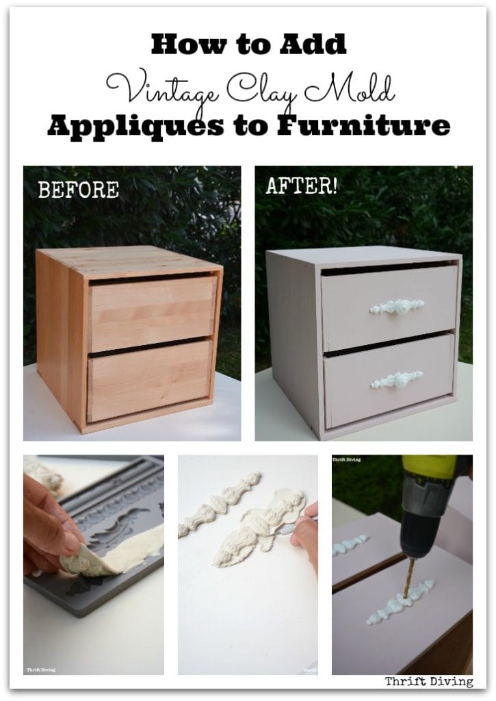 How to Make Furniture Appliques with Clay Molds - Using clay molds, wood glue, a power drill, and knobs, you can transform a boring drawer into an amazing piece of furniture! - Thrift Diving