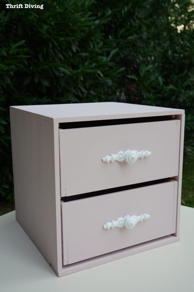 How to Make Furniture Appliques with Clay Molds - Pale pink furniture with white appliques and knobs. - Thrift Diving
