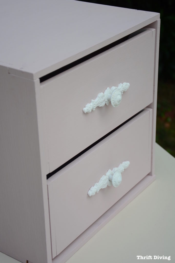 How to Make Furniture Appliques with Clay Molds - Chalk painted furniture with white appliques and knobs. - Thrift Diving