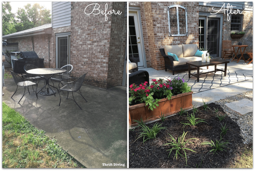 How to Create Landscape Beds - BEFORE and AFTER of home with clean patio and landscape beds. - Thrift Diving