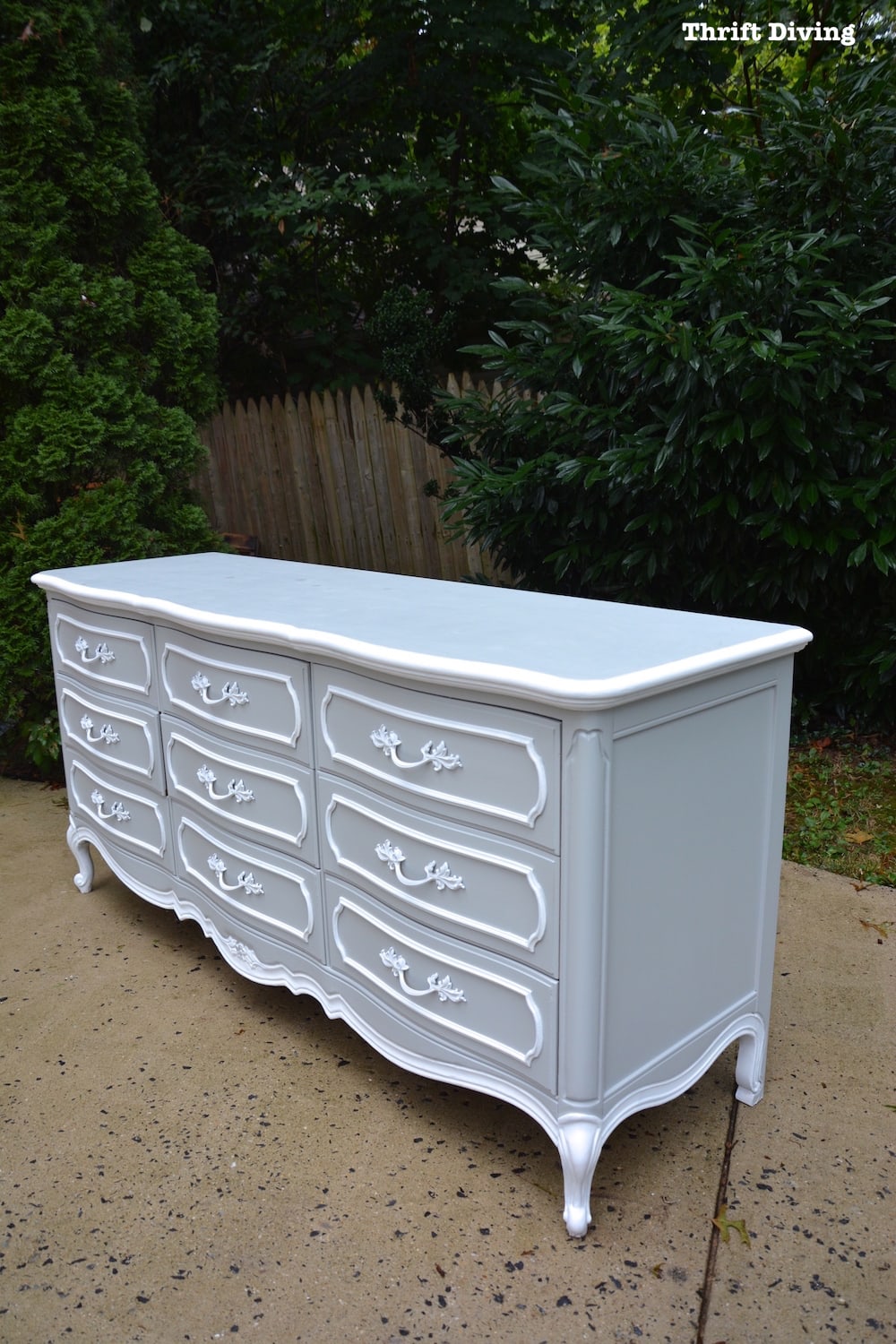 French Provincial Dresser from the thrift store - Gray and white AFTER - Thrift Diving
