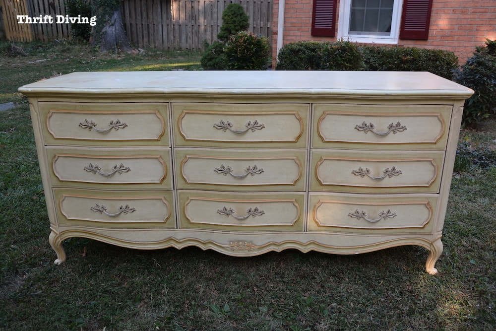 DIY dresser makeover French Provincial from the thrift store - Painting outside - Thrift Diving