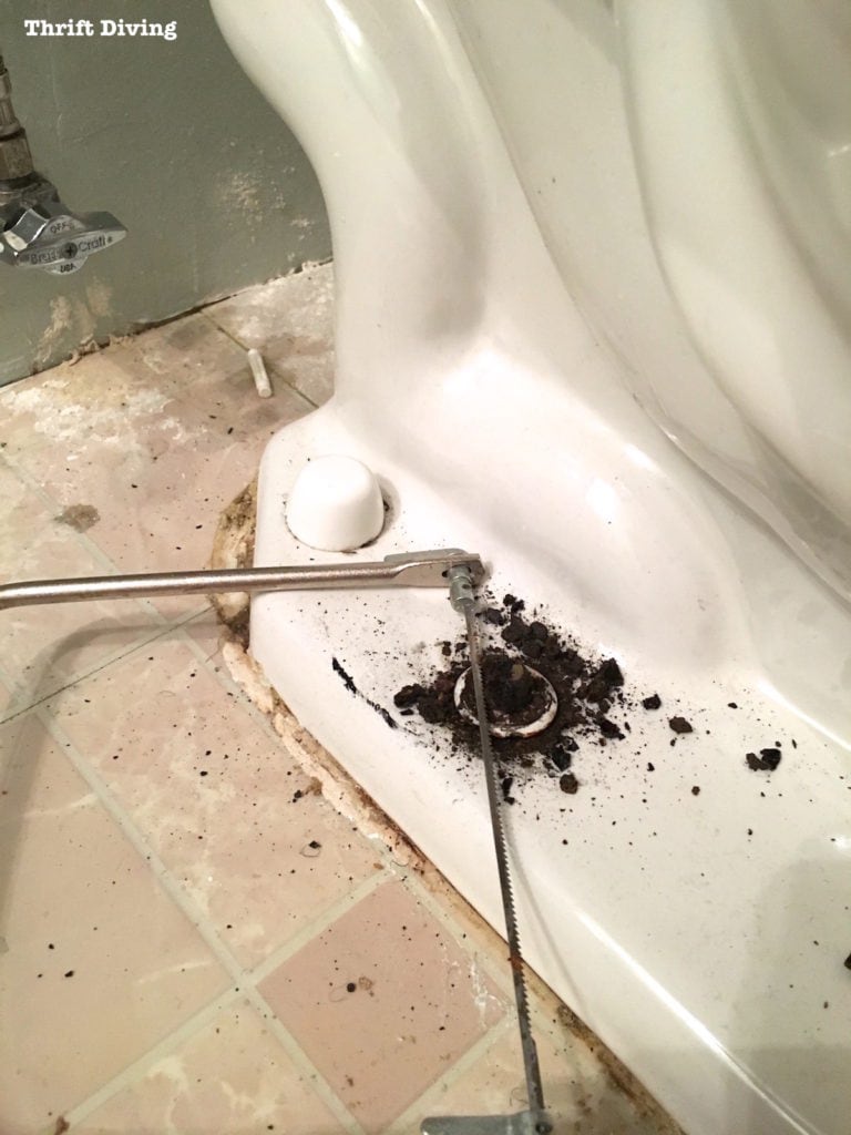 How to Remove a Toilet - Cut off the bolts that secure the toilet to the floor if they're rusted over. - Thrift Diving