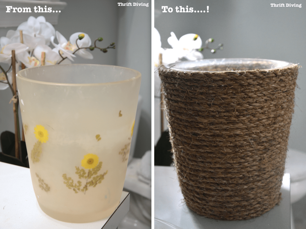 Wrap your trashcan in rope to create a DIY trashcan that's affordable - Thrift Diving
