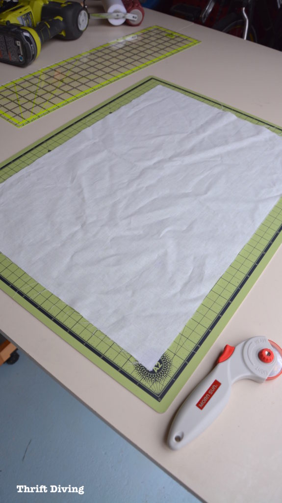 How-to-make-DIY-privacy-screen-for-window-Thrift-Diving-blog - Laying out and cutting the fabric