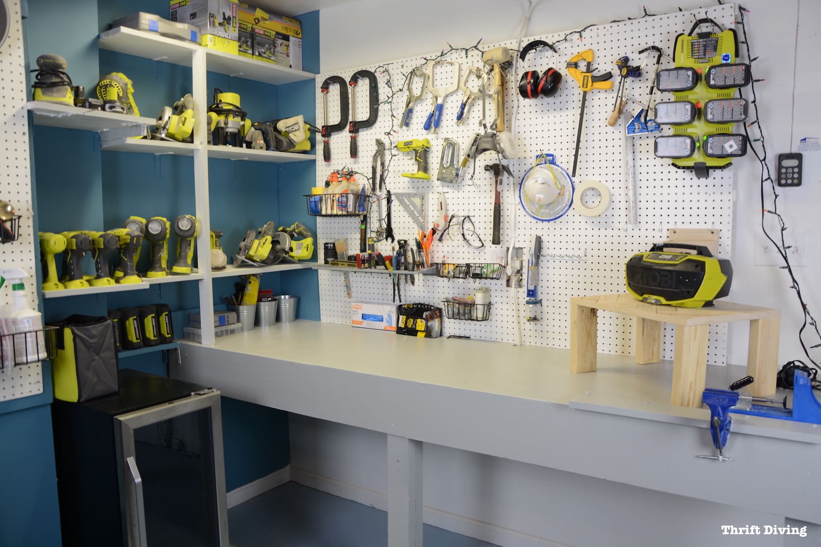 Workbench paint makeover - Gorgeous painted garage workbench and pegboard in a garage makeover. - Thrift Diving