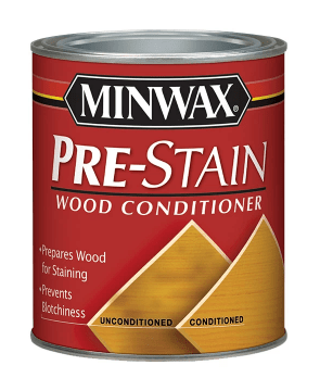 When building DIY closet shelves from pine wood, be sure to use a pre-stain wood conditioner to ensure that the stain goes on uniformly instead of blotchy.