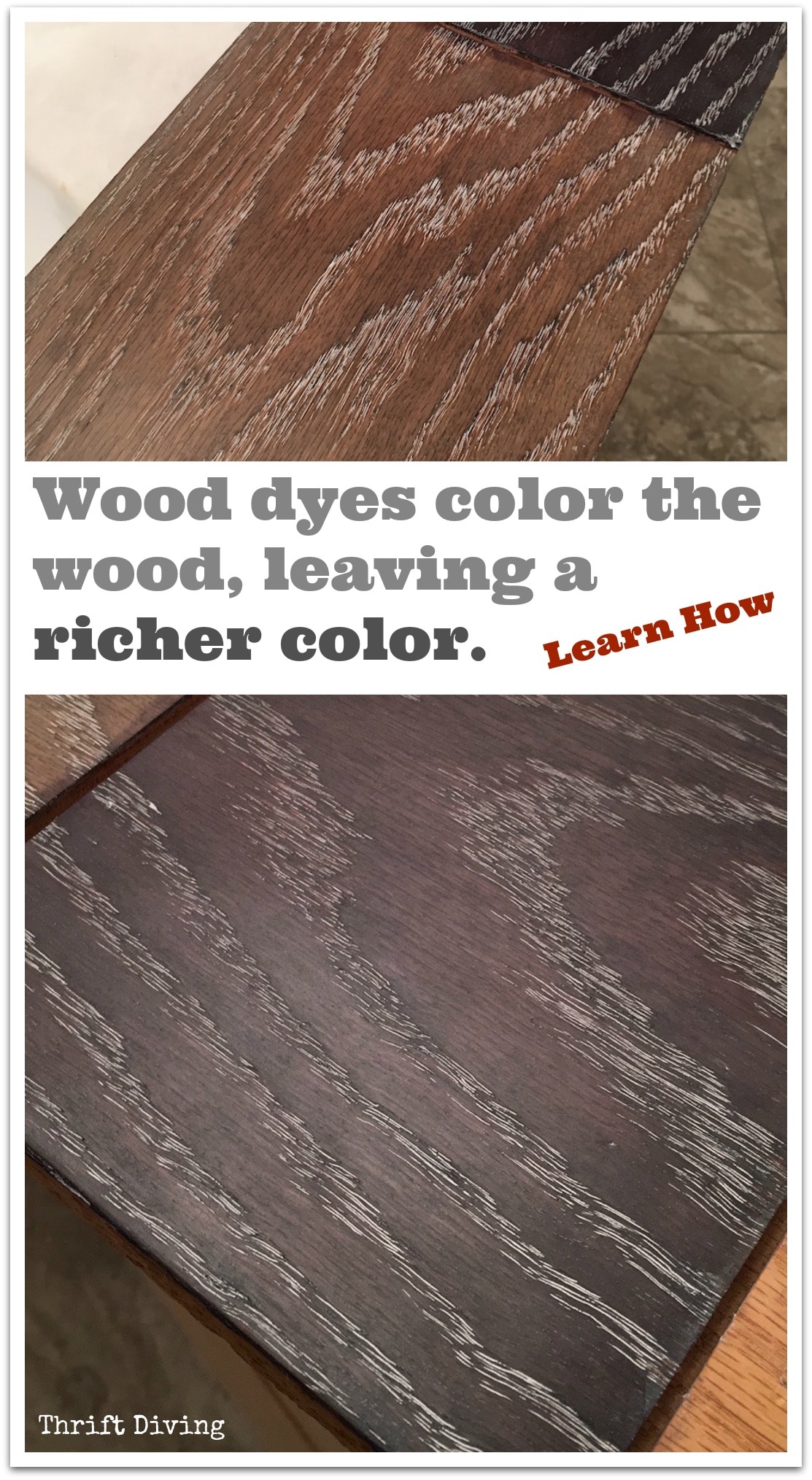 How to use wood dyes to create a richer color and use liming wax to highlight the grain - Thrift Diving