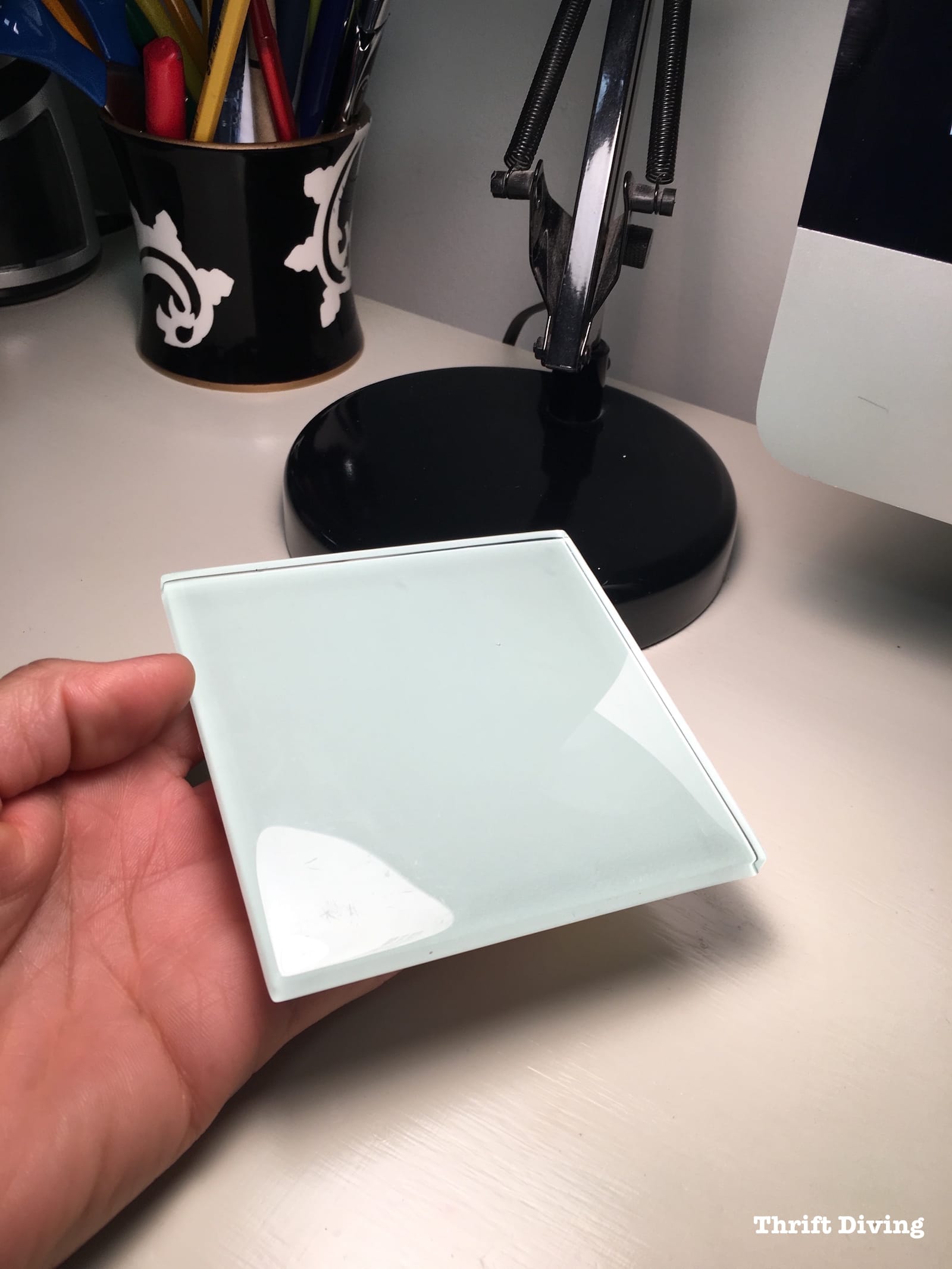 Refresh Your Desk - Use a glass tile from the hardware store as a DIY drink coaster 1