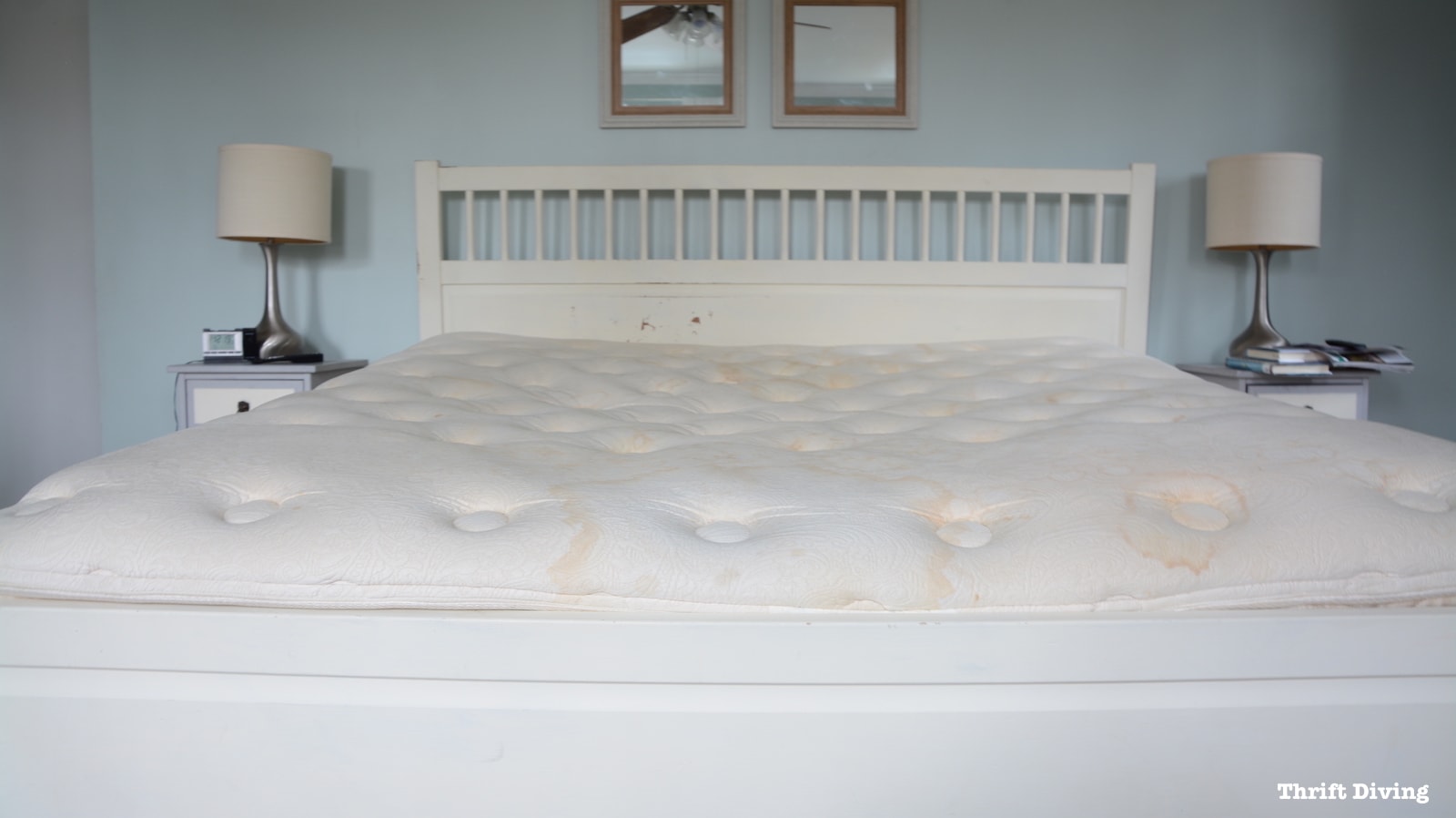 Lull Mattress Review and painted IKEA bed frame - BEFORE - Stained mattress needs to be replaced. - Thrift Diving