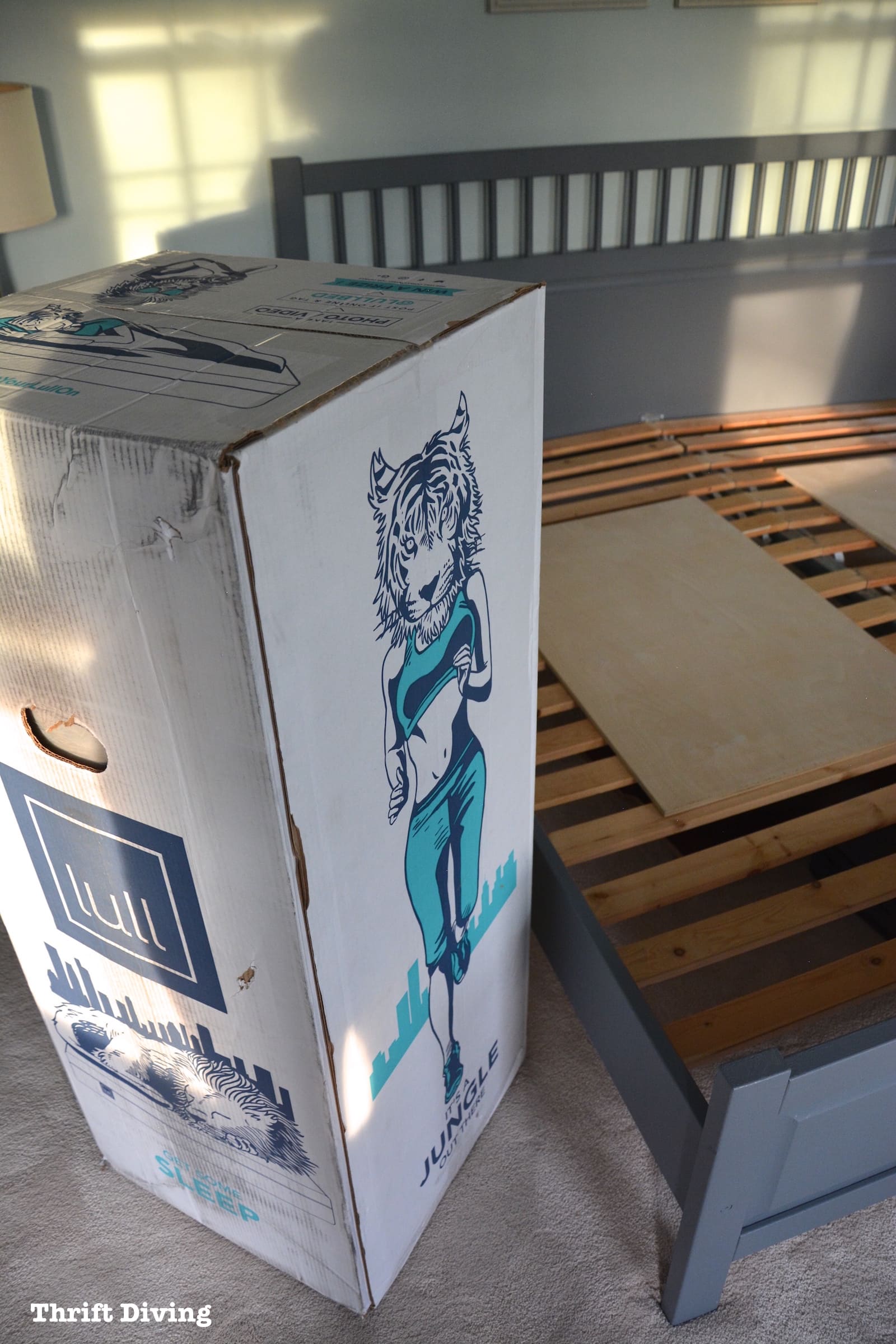 Bed makeover with Lull Mattress - Lull mattresses come in a medium size box. - Thrift Diving