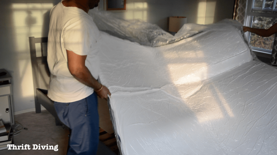 Bed makeover with Lull Mattress - Lull mattress wrapped in plastic about 2 inches thick. - Thrift Diving