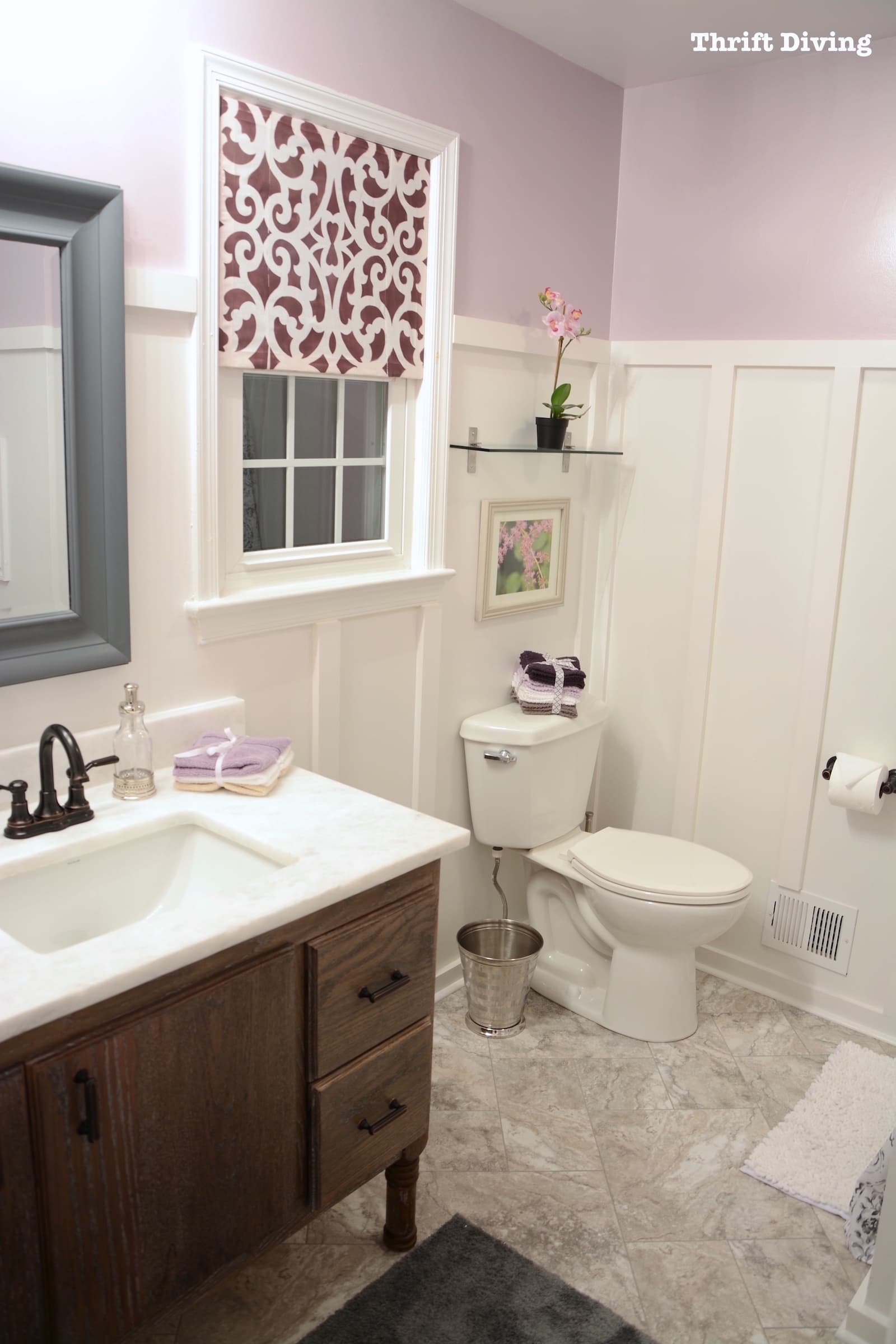 Pretty Lavender Bathroom Makeovers - Behr Mulberry Stain wall paint. - Thrift Diving