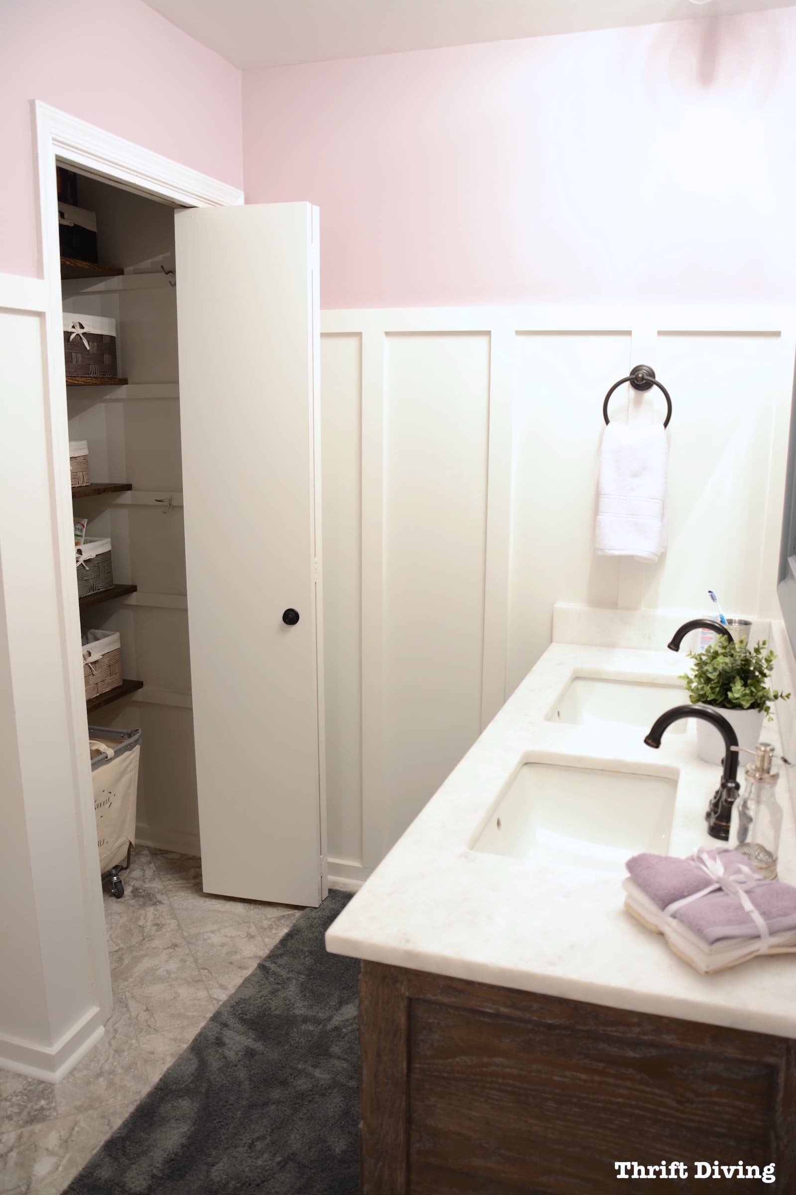 Pretty lavender master bathroom makeover - Behr Mulberry Stain wall color and new closet shelves. - Thrift Diving