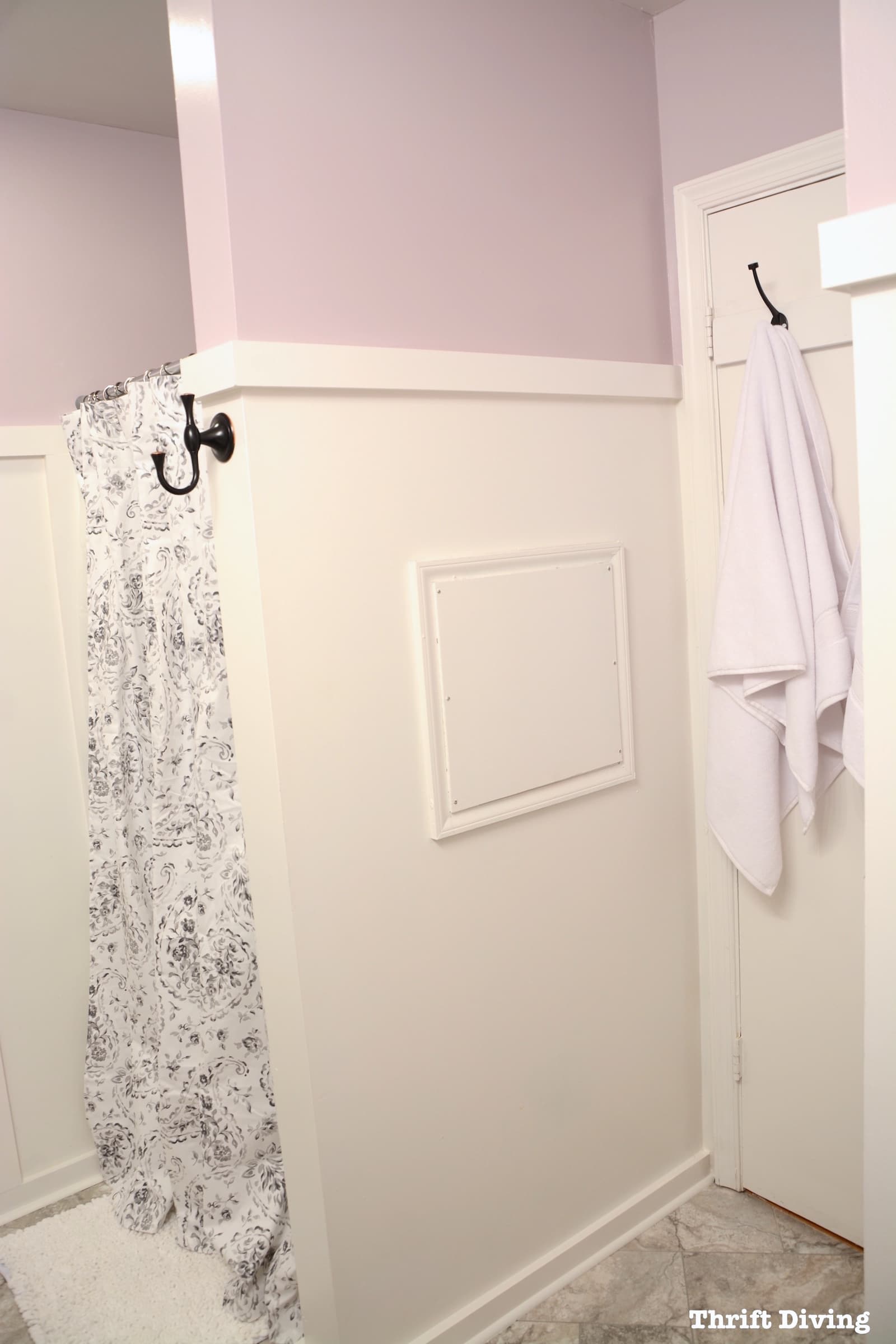 Pretty lavender master bathroom makeover - Behr Mulberry Stain wall color and painted shower. - Thrift Diving