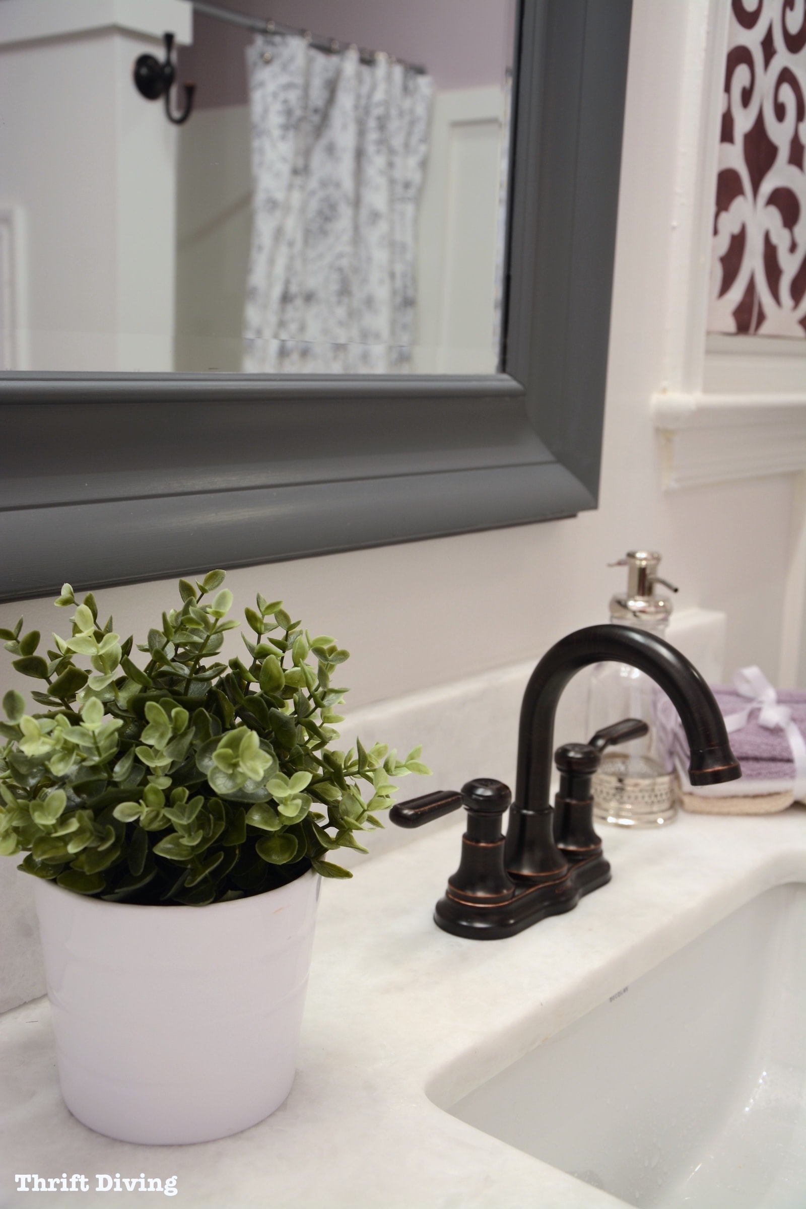 Lavender bathroom makeover - New faucets and painted bathroom mirror. - Thrift Diving