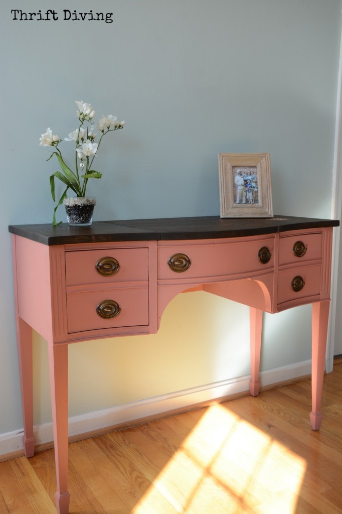 Painted vintage vanity makeover - Annie Sloan Scandinavian Pink with stripped top. - Thrift Diving