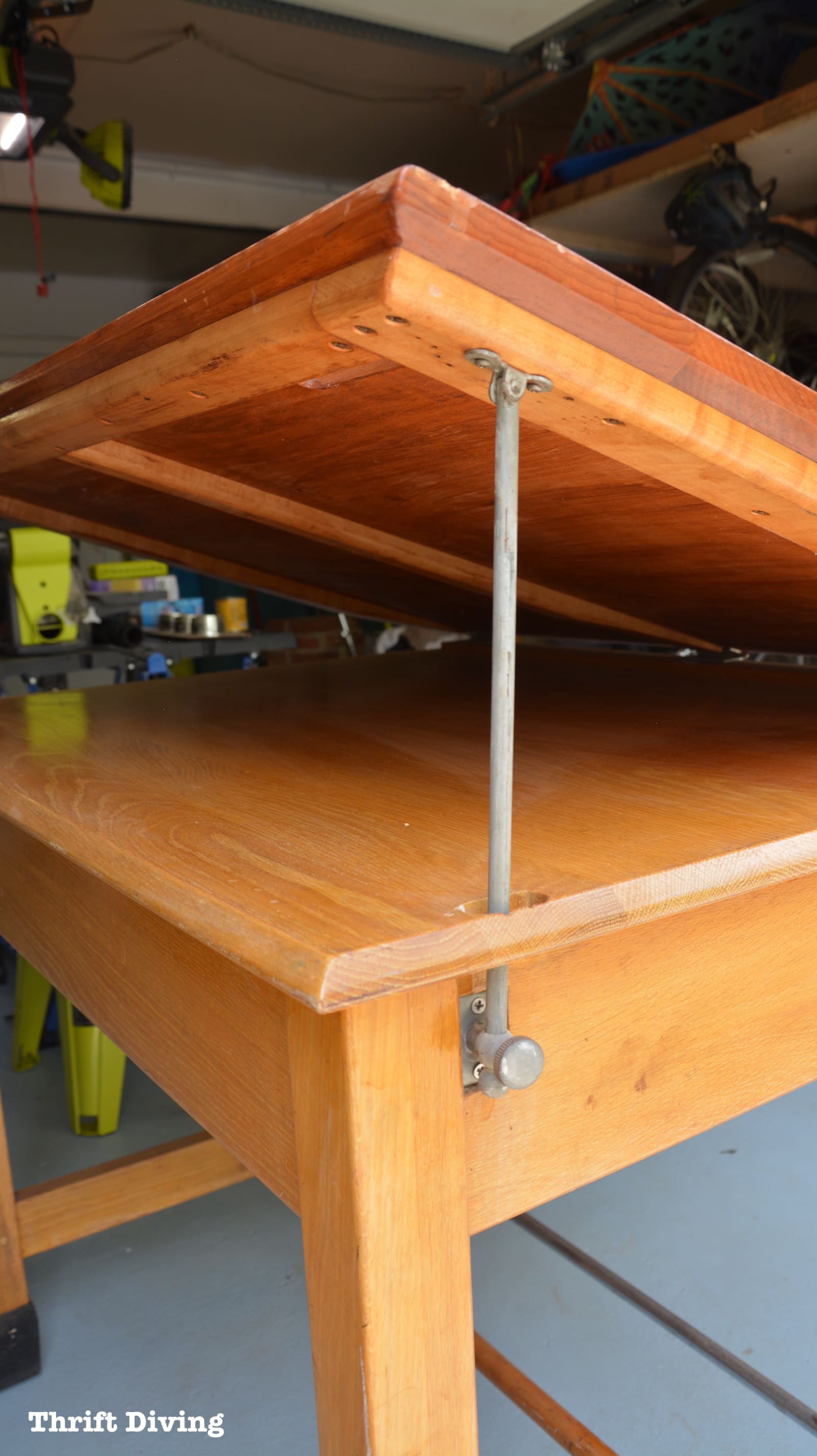 Strip furniture: turn an old thrifted drafting table into natural blonde oak DIY garage workstation. | Thrift Diving