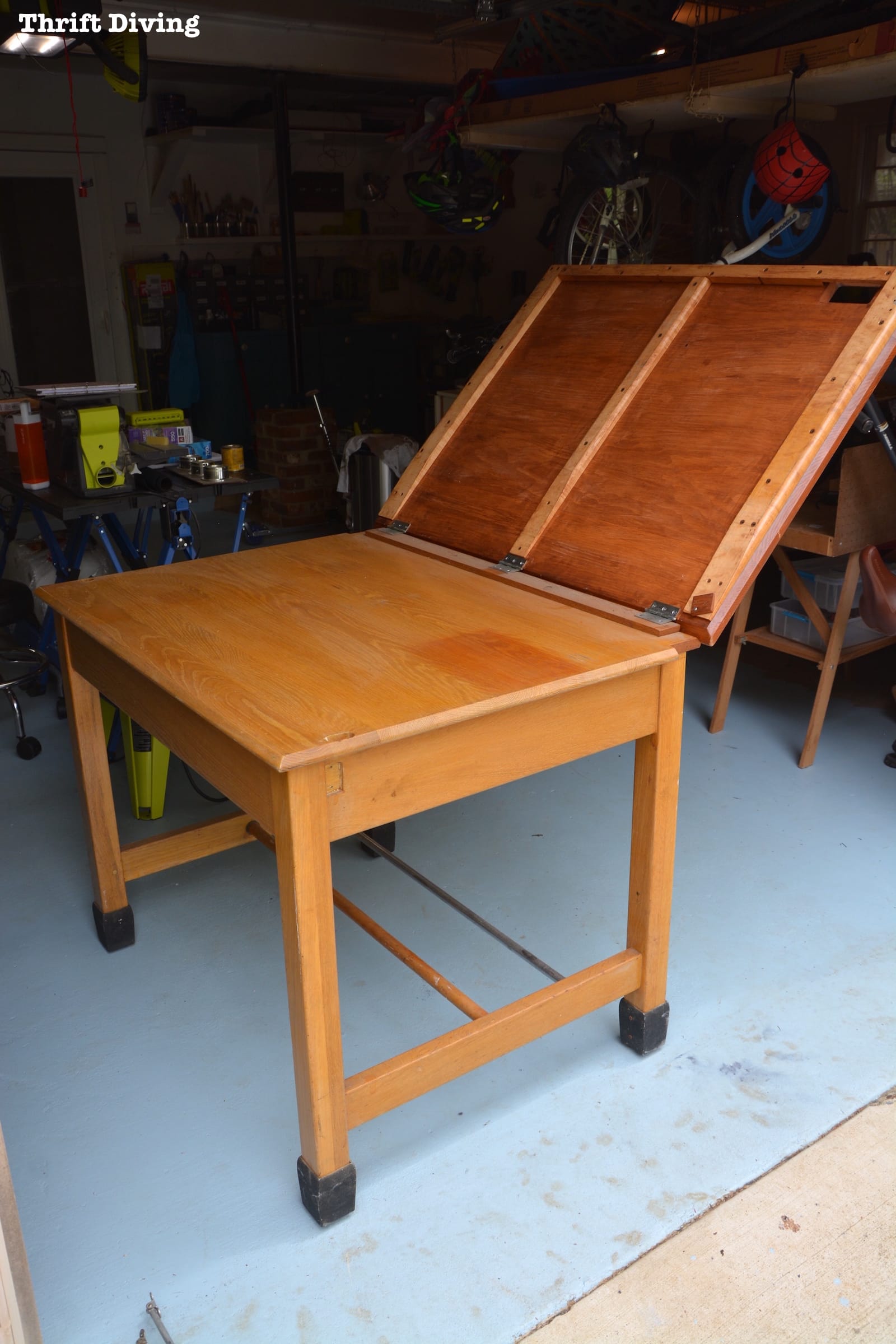 Strip furniture: turn an old thrifted drafting table into natural blonde oak DIY garage workstation.
