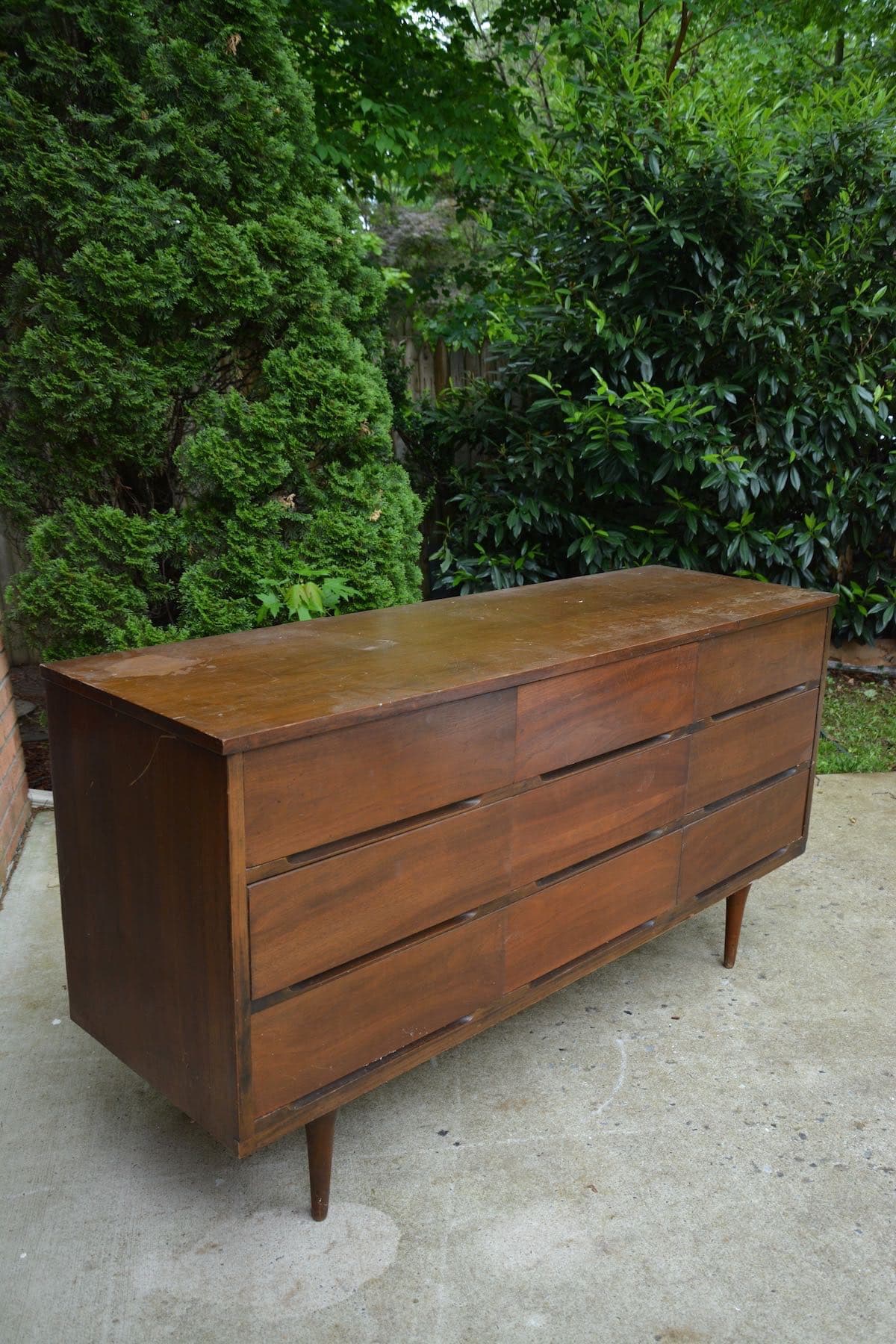 Mid-Century Modern Dresser Makeover Stripped and Refinished - This is the BEFORE, from the thrift store. - Thrift Diving