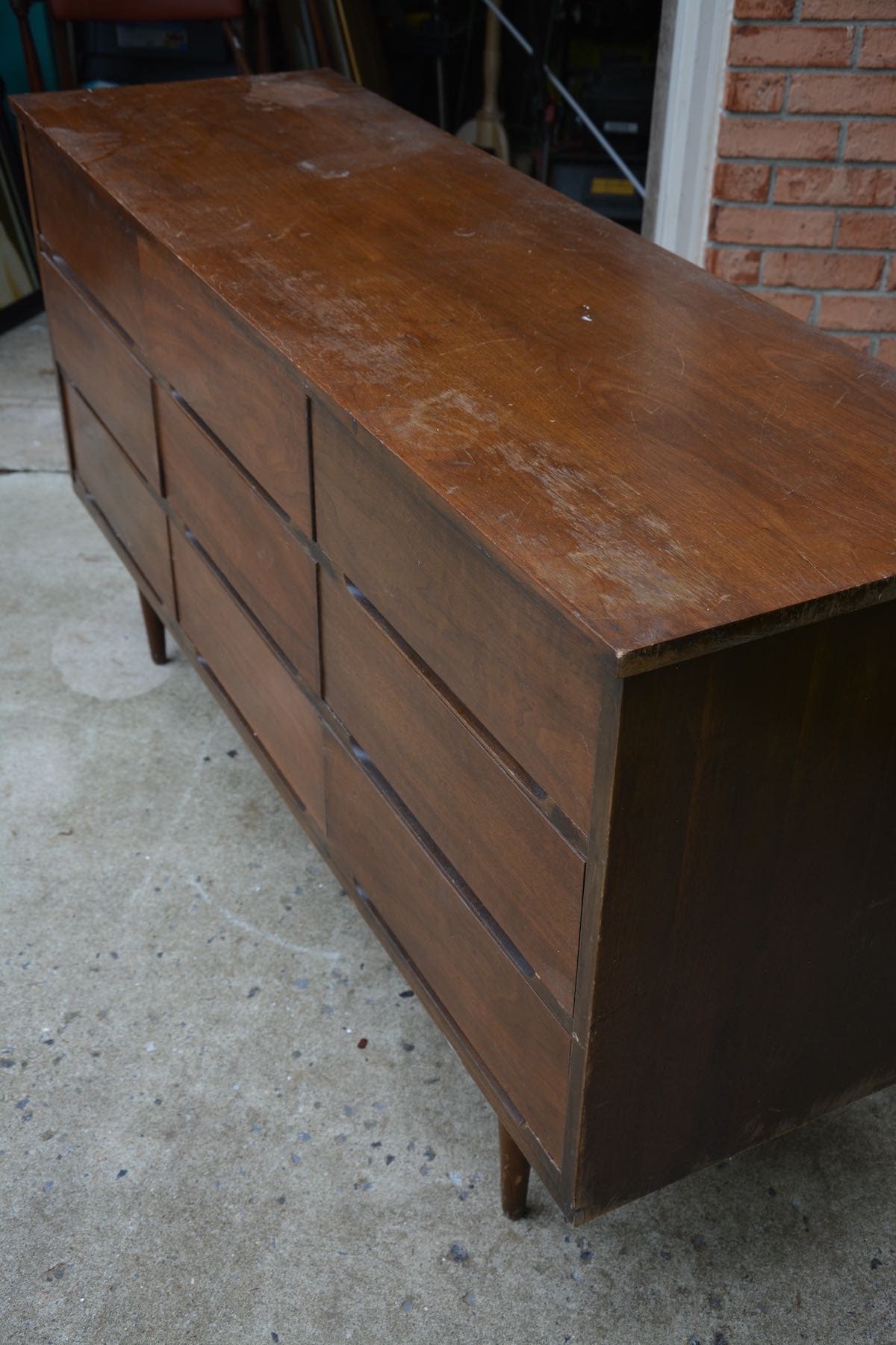 Mid-Century Modern Dresser Makeover Stripped and Refinished - BEFORE PICTURE. - Thrift Diving