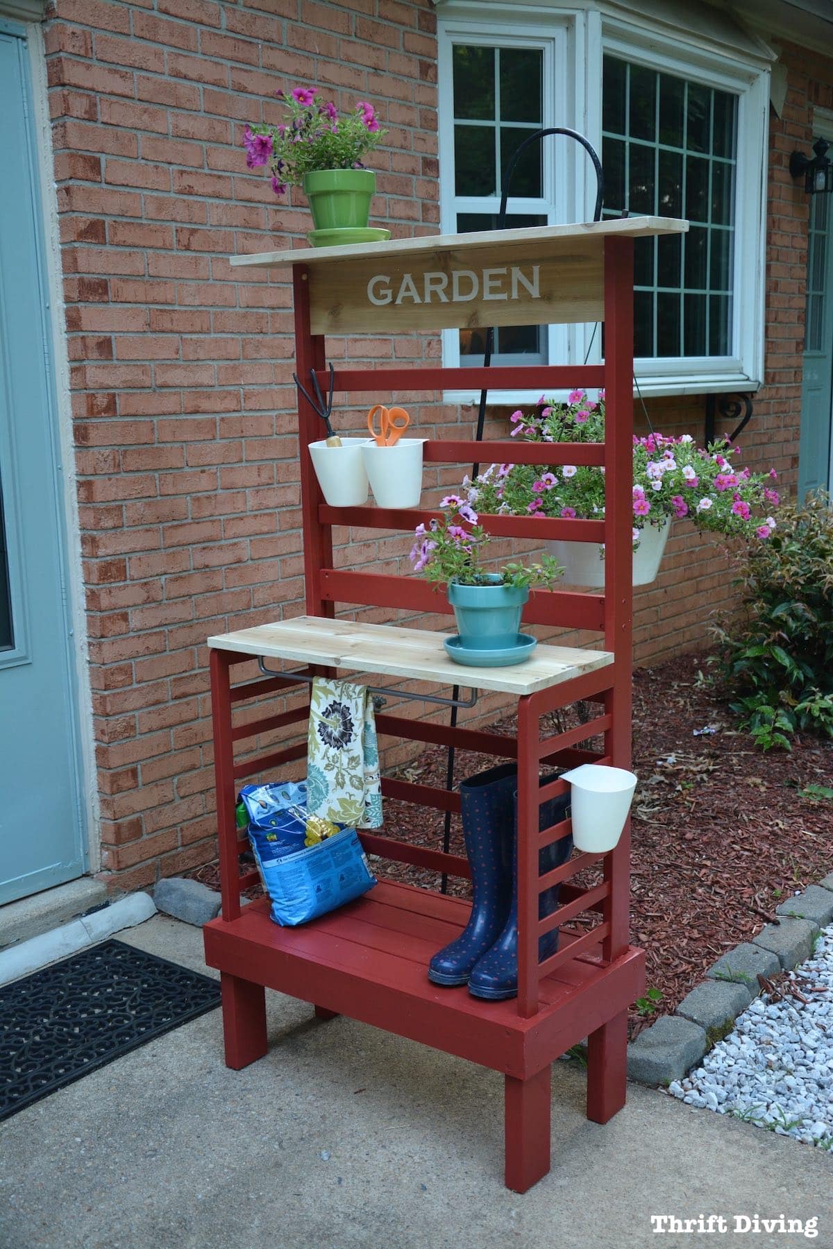 Repurposed toddler bed: What to do with an old toddler bed - Turn a toddler bed into a garden bench for your patio with storage and shelves for gardening. - Thrift Diving