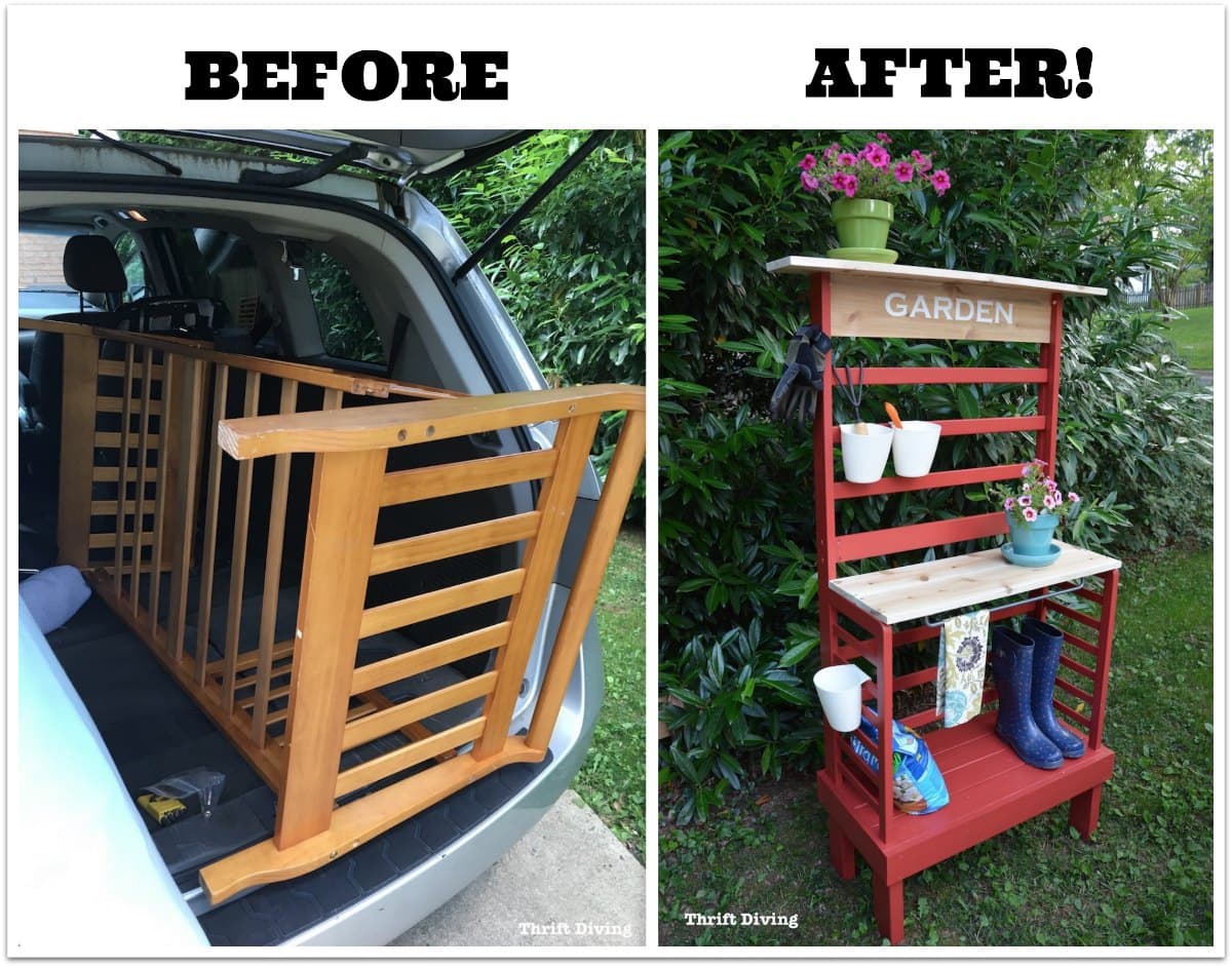 Repurposed toddler bed: What to do with an old toddler bed - Turn a toddler bed into a garden bench for patio or yard. - BEFORE AND AFTER - Thrift Diving