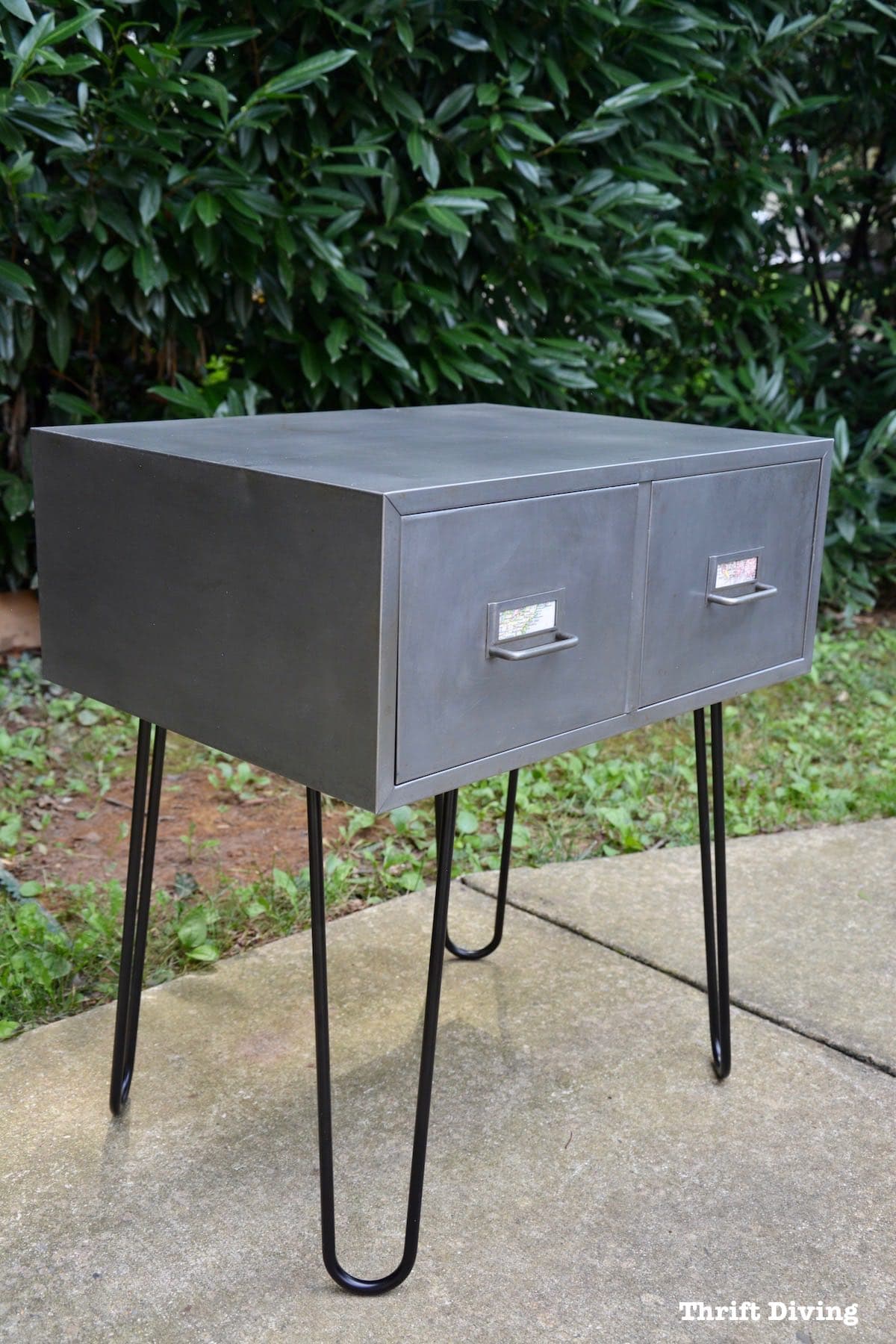 Add hairpin legs on a vintage metal cabinet from the thrift store for an industrial furniture design for your home. Create this look for under $100. | Thrift Diving