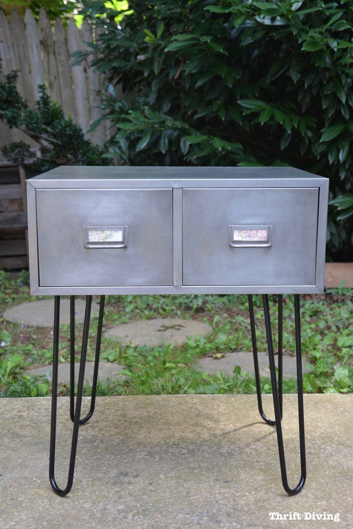 Hairpin legs on a $7.00 vintage metal cabinet from the thrift store. Over 500 DIY posts and projects on Thrift Diving!