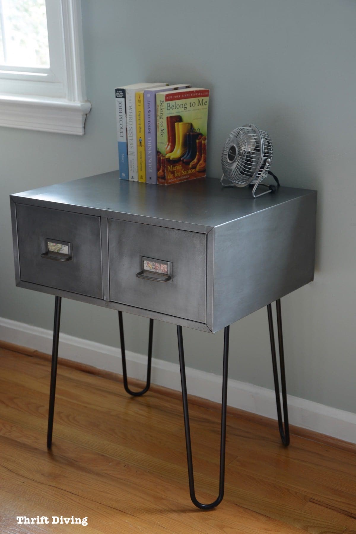 Vintage metal cabinets can be turned into industrial furniture with hairpin legs and stripped metal. | Thrift Diving