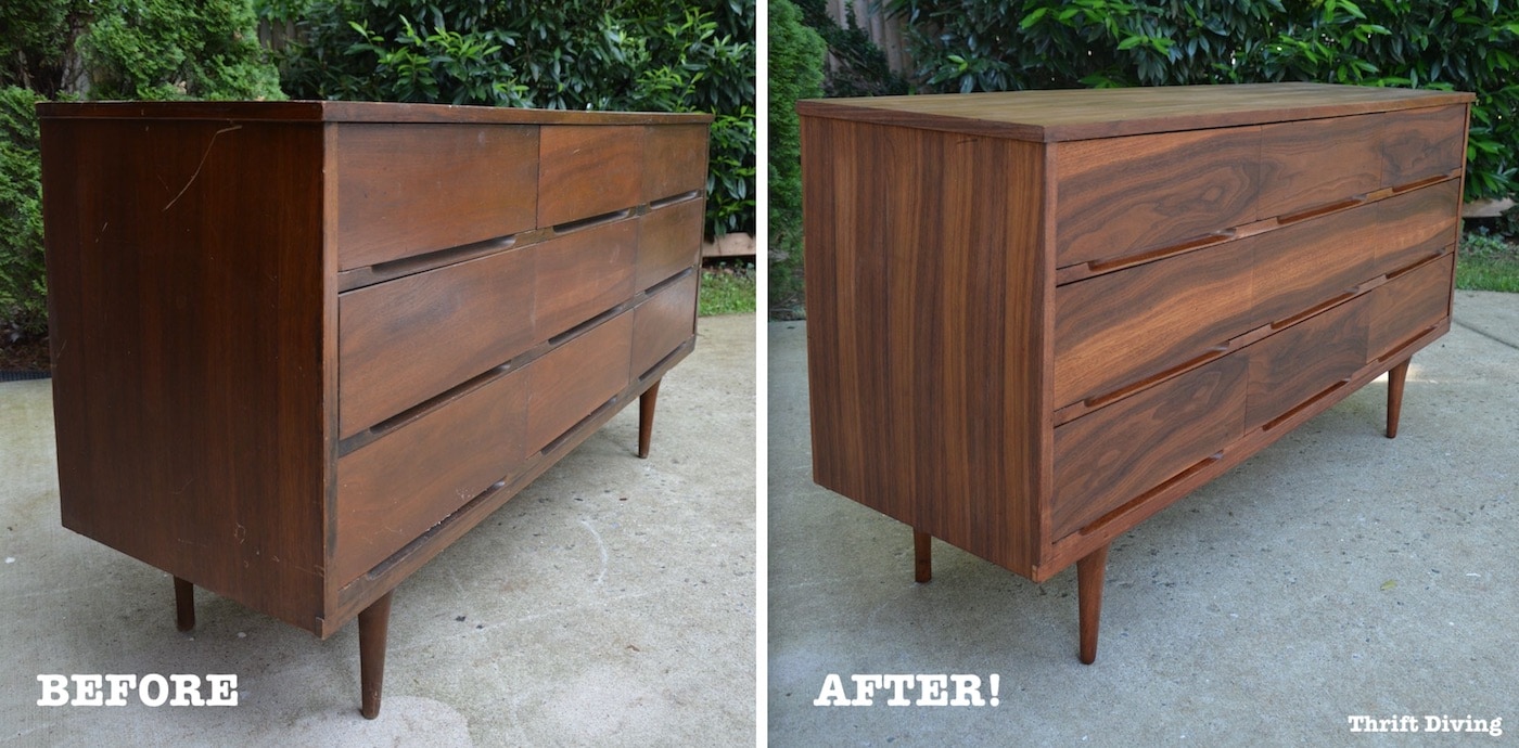 This mid-century modern dresser was sanded down and refinishing, bringing it back to life! - Thrift Diving