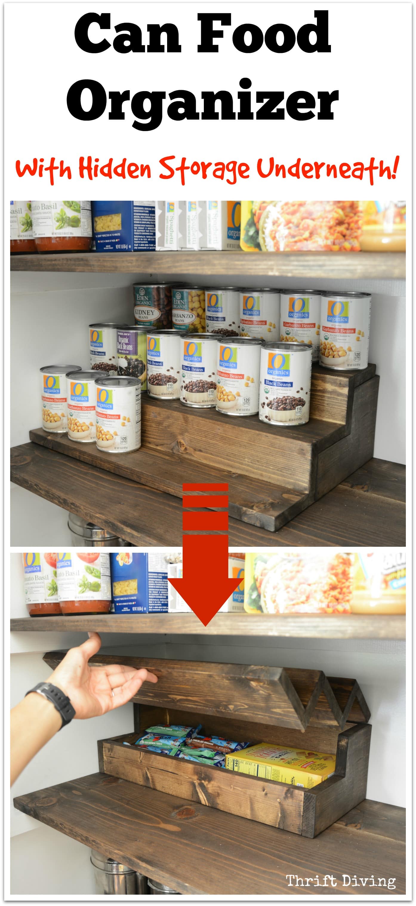 Can Food Organizer with Hidden Storage Underneath - Hide treats and snacks from your kids! - Thrift Diving Blog