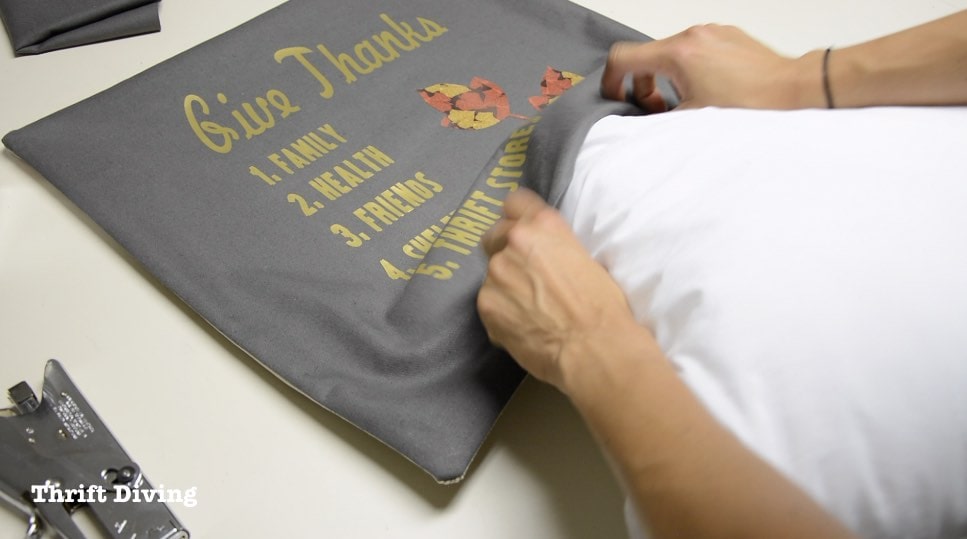 How to sew an iron-on DIY pillow for Thanksgiving - Turn pillow right side out. - Thrift Diving