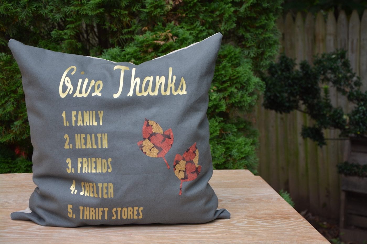 How to sew an iron-on DIY pillow for Thanksgiving - I am thankful for family, health, friends, shelter, and thrift stores! - Thrift Diving