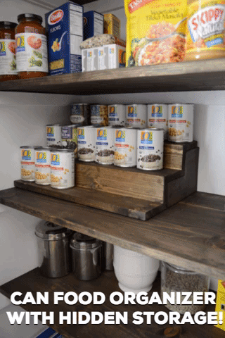 Can Food Organizer with Hidden Storage Underneath - Hide treats and snacks from your kids with this easy beginner woodworking project for the pantry - Thrift Diving Blog