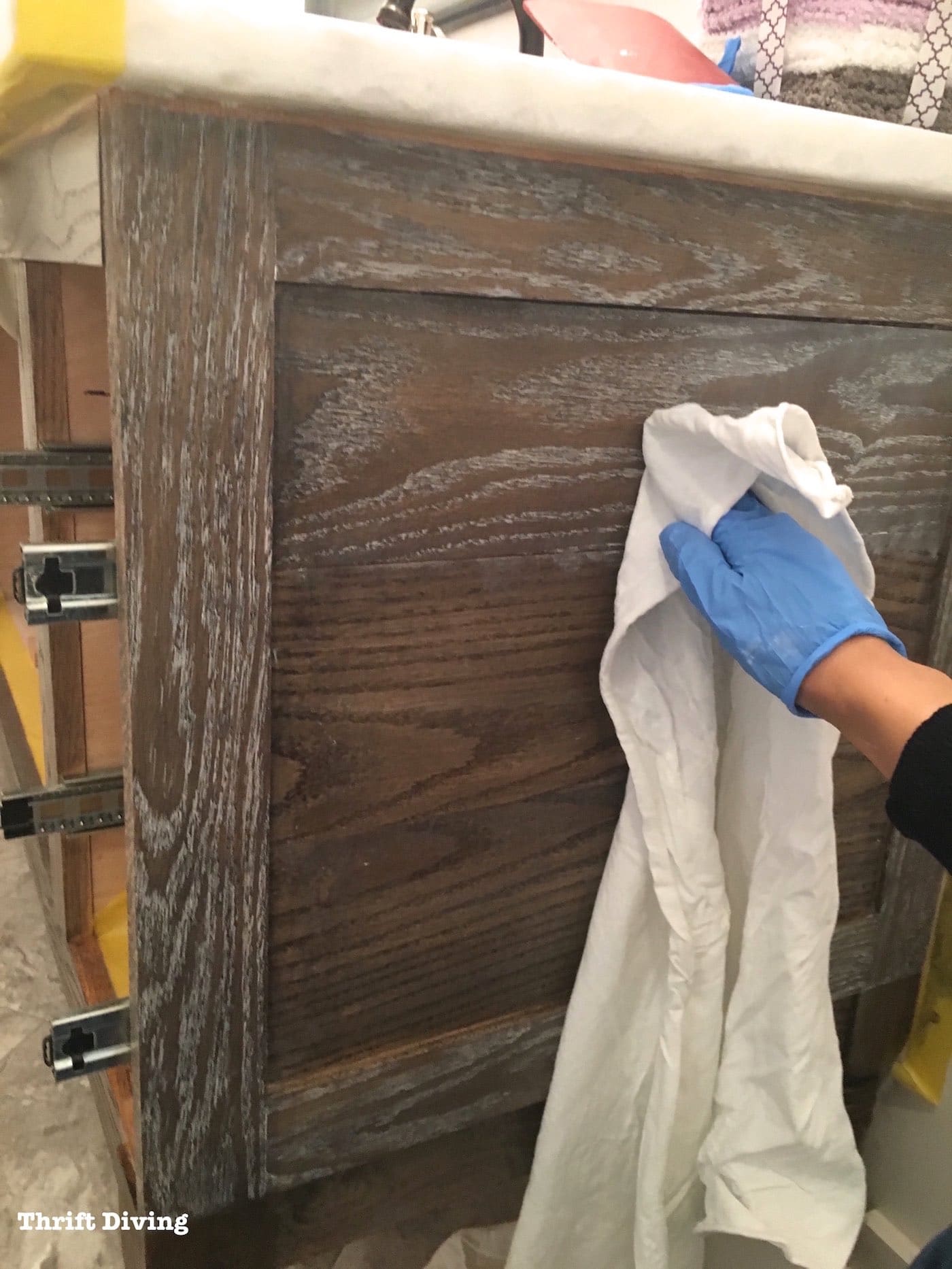 Liming wax on dyed wood looks amazing! It settles into the grain and highlights the wood grain and gives the wood dimension. Learn how to create it in this blog post! - Thrift Diving