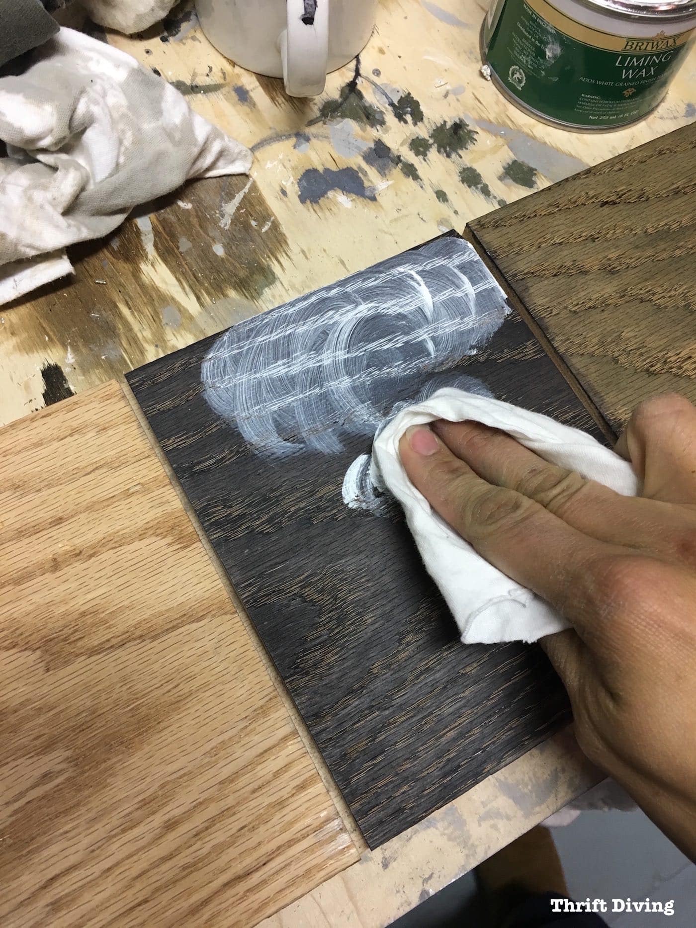 Learn how to highlight the grain of oak using wood dyes and liming wax. - Thrift Diving